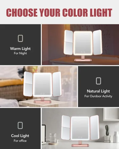 Vista 5 de EASEHOLD Espejo de tocador recargable con luces, 116 LEDs espejo de maquillaje, espejo de maquillaje iluminado de 3 colores, aumento 2X/3X/10X, 5000
