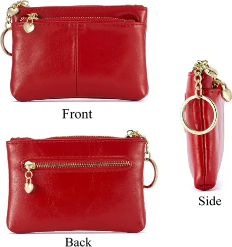 Vista 2 de ZOOEASS Mini monedero con cremallera de piel sintética para mujer, con llavero con triple cremallera, tarjetero, Rojo