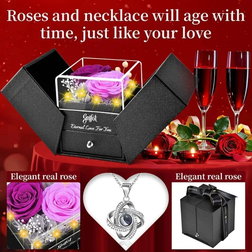 Vista 5 de 2 Rosa Preservada de Regalo para Mujeres - Rosa Eterna con Collar "Te Amo" - Regalos Románticos de Cumpleaños para Novia, Mamá, Esposa, Abuela