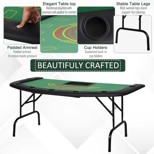 Vista 6 de Soozier Mesa de póquer plegable, mesa de blackjack de 72 pulgadas para 7 jugadores con soporte para fichas y tazas, fieltro verde