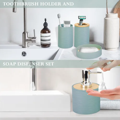 Vista 6 de Juego de accesorios de baño de bambú de 4 piezas, juego de accesorios de baño con dispensador de jabón y soporte para cepillos de dientes, jabonera