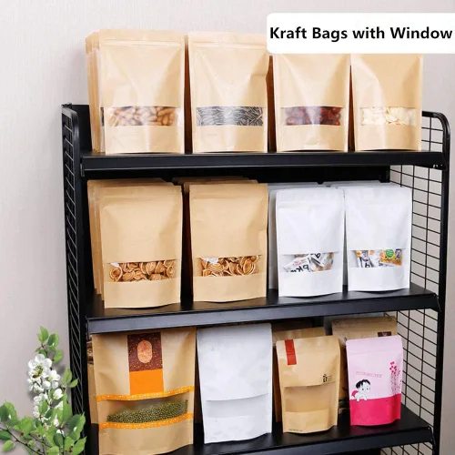 Vista 6 de 50 bolsas de papel kraft con ventana de pie, con sello Ziplock, bolsa de papel resellable grande para almacenamiento de alimentos, 1 oz, 3.5 x 5.5