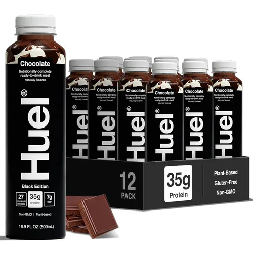 Huel Edición Negra Lista para Beber, Bebida de Reemplazo de Comida de Chocolate, 35g de Alta Proteína, 27 Vitaminas y Minerales, Vegana, Sin Gluten,