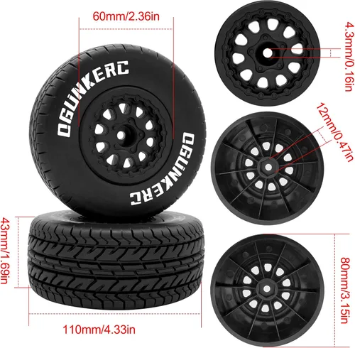 Vista 4 de OGRC - 4 neumáticos hexagonales de 0.472 in de plástico con insertos de espuma, neumáticos de goma para neumáticos 1/10 para Traxxas Slash Redcat
