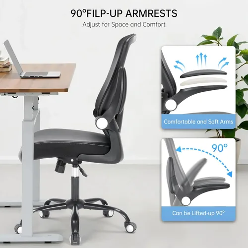 Vista 7 de Silla de oficina ergonómica, respaldo medio, de malla transpirable, silla giratoria para computadora con soporte lumbar ajustable, brazos abatibles