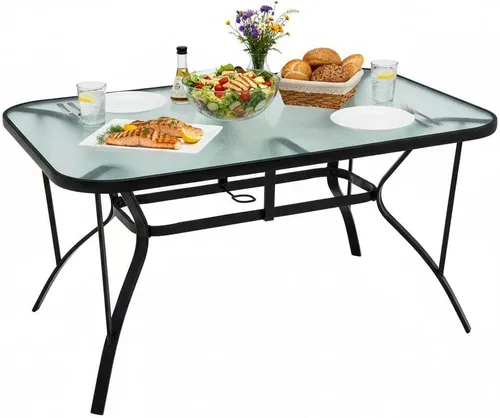Tangkula Mesa de Comedor de Patio para 6, Mesa Rectangular de 55 Pulgadas con Agujero para Sombrilla de 1.5", Superficie de Vidrio Templado, Marco
