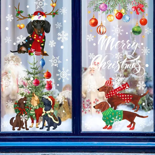 Vista 5 de AnyDesign - 76 calcomanías navideñas para ventana, perros, árboles, bolas de Navidad, calcomanías coloridas para decoración de espejos de cristal