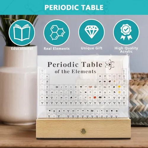 Vista 4 de MegaBox Tabla Periódica de Elementos con 83 Elementos Reales, Exhibición de Tabla Periódica de Acrílico con Soporte de Madera, 6 Tarjetas