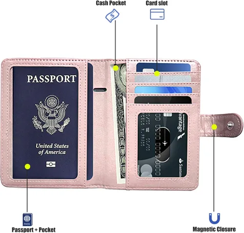 Vista 4 de Paquete de 1 funda de piel sintética para pasaporte y tarjeta de vacunación, funda funcional para documentos de viaje, múltiples ranuras