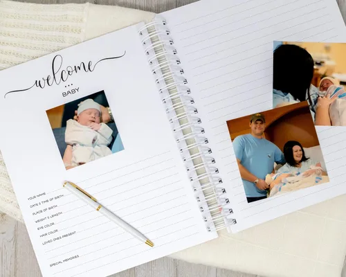 Vista 4 de Personalized Twin Baby Memory Book - Hardcover First Year Album Customized with Babies’ Names - Prompted Baby Journal (Blue Mountains)