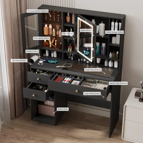 Vista 2 de Wodeer Escritorio de maquillaje con espejo y luces, tocador negro con parte superior de cristal, almacenamiento de joyas, tomas de corriente, 3