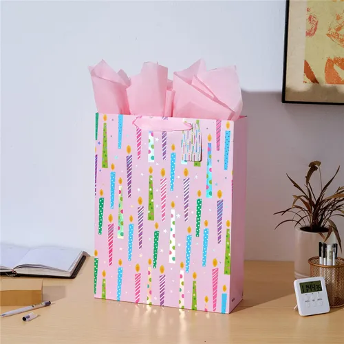 Vista 2 de SUNCOLOR Bolsa de regalo extra grande de 16 pulgadas con papel de seda para niñas (velas de cumpleaños feliz)