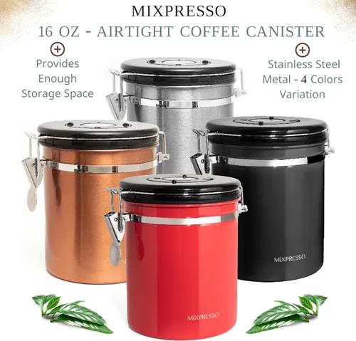 Vista 8 de Mixpresso Bote de café negro de 16 onzas, recipiente de café hermético de acero inoxidable, almacenamiento de té hermético en tarro con rastreador