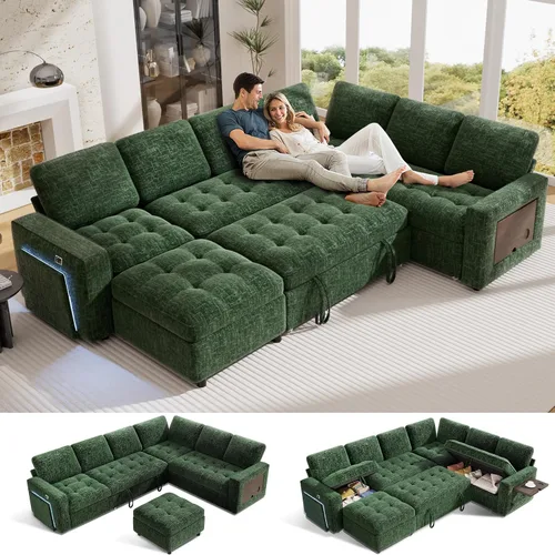 Vista 13 de Vipbear Sofá cama modular en forma de L de 7 asientos con otomana/cama extraíble/respaldo reclinable/puertos USB/mesa/luz LED/asiento de Negro