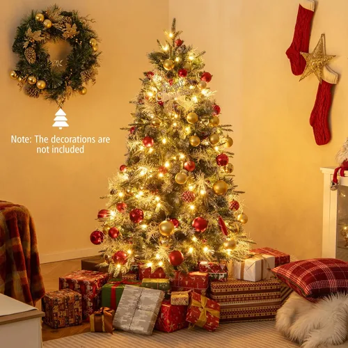 Vista 2 de GOFLAME Árbol de Navidad artificial preiluminado de 5 pies, árbol de Navidad con bisagras con 602 puntas de ramas, 190 luces LED blancas cálidas, 26