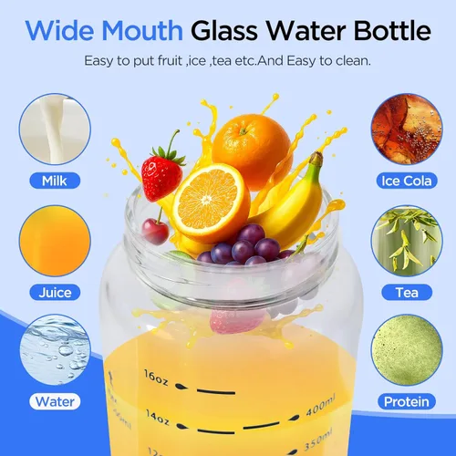 Vista 4 de Paquete de 2 botellas agitadoras de vidrio de 16 onzas / 16.9 fl oz con asa de tapa, botella de agua de vidrio, botella de boca ancha, marcas