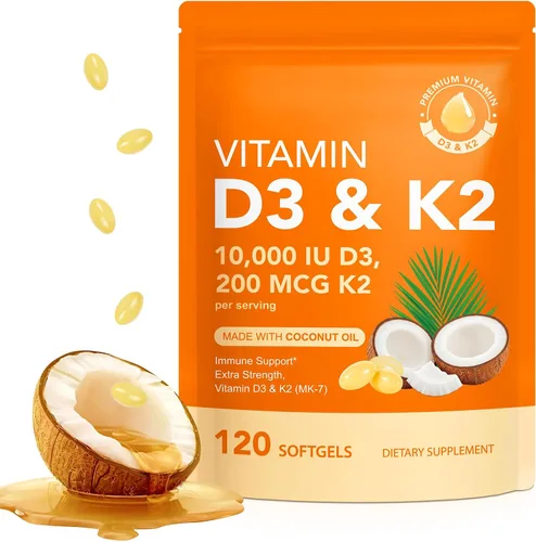 Liefiet Vitamina D3 K2 10000 UI con 200 mg, cápsulas de vitamina D3 y K2, complejo de vitaminas D y K 2 en 1 con aceite de coco virgen, 120 cápsulas