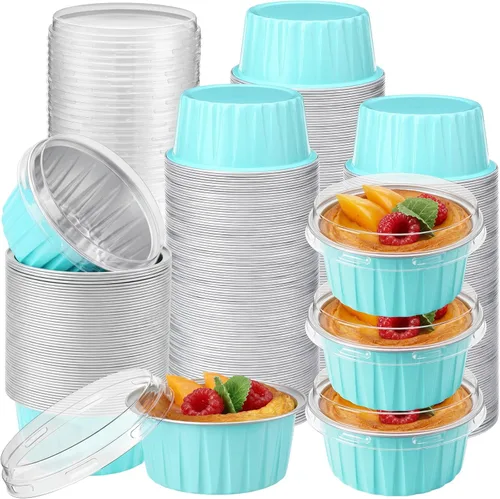 Vista 9 de Gejoy 400 tazas de papel de aluminio para hornear con tapas, moldes desechables de 5 onzas, mini moldes para tartas, moldes para magdalenas, moldes