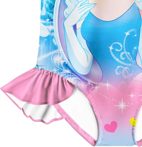 Vista 6 de Traje de baño de princesa para niñas, traje de baño de un solo hombro con gorro de natación