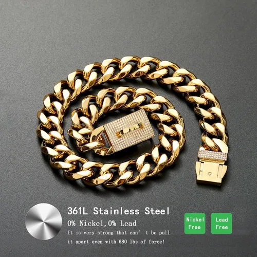 Vista 3 de Nuevo Collar de Cadena Dorada para Perro con Hebilla de Zircón Brillante, Collar de Cadena Cubana de Acero Inoxidable Fuerte de 19MM, Collar