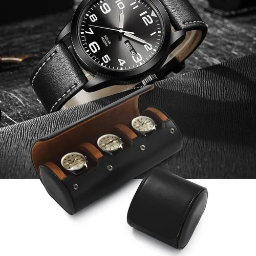 Vista 8 de 2Slots - Caja de viaje de cuero para reloj, hecha a mano, para hombres y mujeres, color negro
