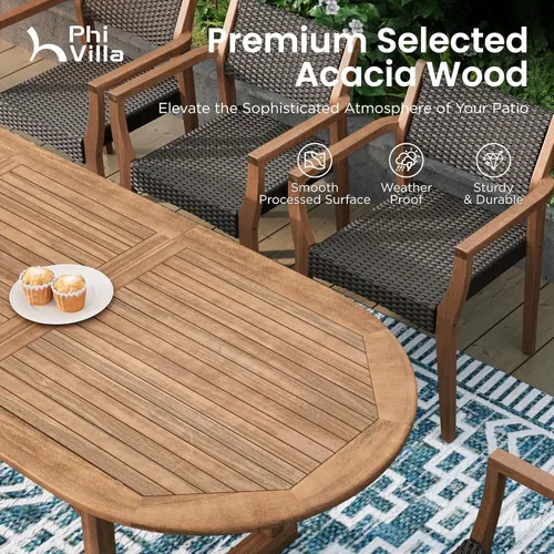 Vista 3 de PHI VILLA Juego de comedor de madera de acacia de 7 piezas para 6, mesa y sillas de madera de teca expandibles, juego de muebles de granja grandes