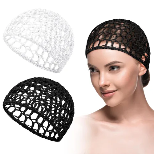 Vista 11 de Geyoga 2 piezas de red de ganchillo para el cabello, gorro tejido de rayón, cubre moño, gorras de ducha tejidas, gorro para dormir para mujeres
