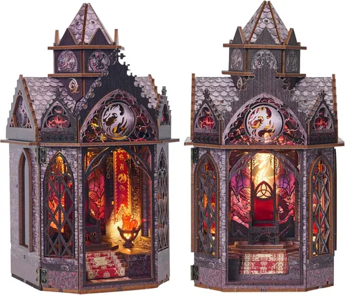 Vista 9 de Spilay Kit de montaje de rincón de libro en miniatura para casa de muñecas en 3D, rompecabezas de madera 3D, decoración con LED, sujetalibros