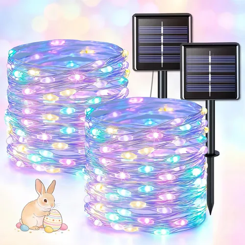 Vista 12 de JMEXSUSS Paquete de 4 100 luces LED solares de Navidad, 33 pies, luces solares impermeables para exteriores, 8 modos, luces solares multicolor