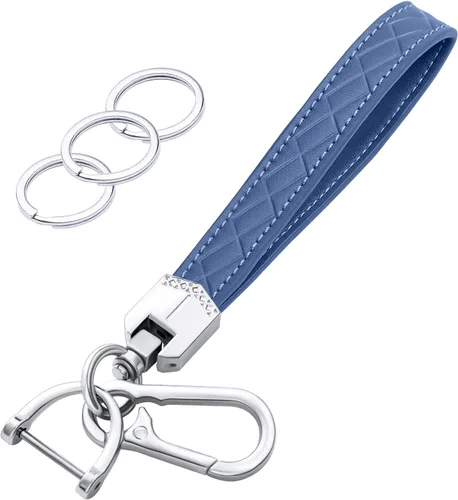 Vista 14 de OHKYOOT Llavero de cuero para muñeca, llavero de coche con 3 llaveros y anillo anti-pérdida (Negro)