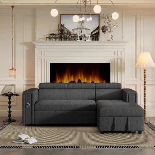 Vista 26 de Sofá cama multifuncional extraíble de 96 pulgadas, sofá modular en forma de L con reposacabezas ajustable, carga inalámbrica, portavasos y Beige-HG99