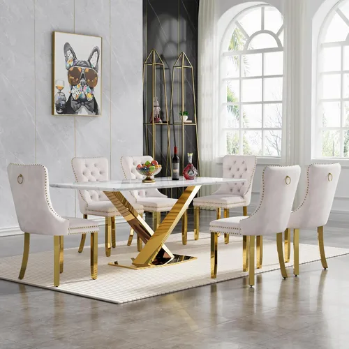 Vista 88 de Juego de 5 mesas de comedor, juego de mesa de cocina y comedor para 4, mesa de cocina rectangular de mármol sintético blanco de 47 pulgadas con base