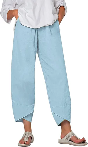 JEGULV Linen Pants for Women Casual Summer Palazzo Lounge Pants Lightweight Elastic Waist Baggy Crop Trousers