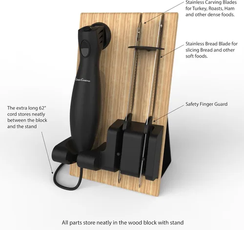 Vista 4 de Juego de cuchillos eléctricos para tallar con 2 cuchillas de acero inoxidable, mango de agarre cómodo y bloque de almacenamiento de madera