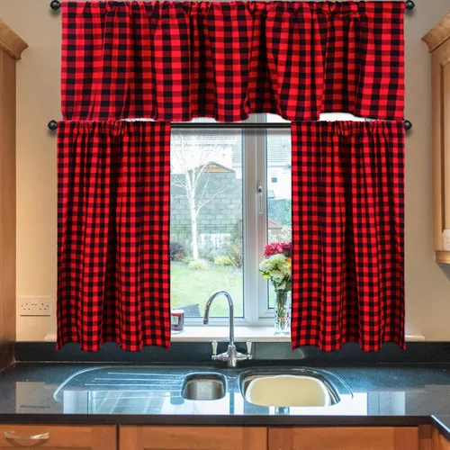 Vista 6 de Juego de cortinas de cenefa, 3 piezas de algodón a cuadros, cortinas de cocina de granja, 58" de ancho x 15" de largo, 29" de ancho x 36" de largo