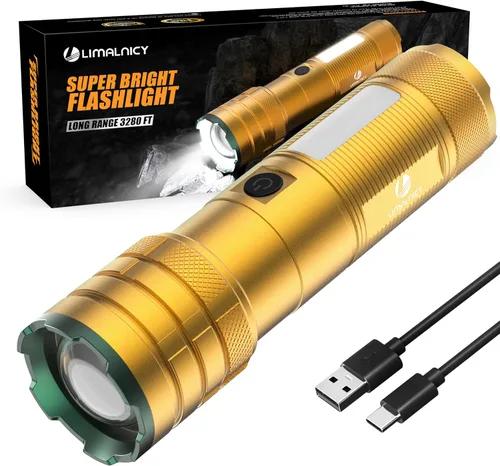 Linternas recargables Limalnicy de alto lúmen 10000 de larga duración, 4 modos con luz COB lateral, súper brillante linterna LED con entrada y