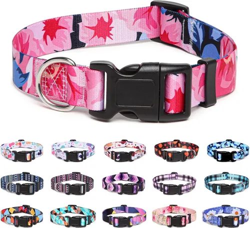 Vista 11 de Collar ajustable para perro con patrones, ultra cómodo, de nailon suave, transpirable, para perros pequeños, medianos y grandes (M, margarita azul)