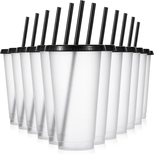 Vista 11 de Mifoci 12 vasos de plástico con tapas y pajillas, vasos de plástico reutilizables, vaso a granel con popote y tapa, vaso helado para beber agua, Rosa