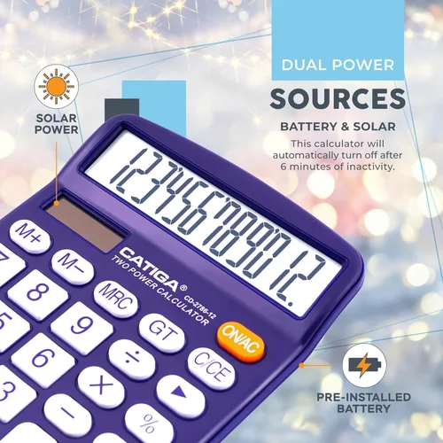 Vista 72 de CATIGA CD-2786 - Calculadora de escritorio de 12 dígitos con pantalla LCD grande y botón sensible, energía solar dual y batería, función estándar
