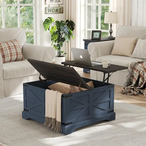 Vista 13 de Furnideco - Mesa de centro cuadrada de 35.5'' de ancho con tapa elevable, mesa de centro de granja con almacenamiento oculto, mesa central de madera