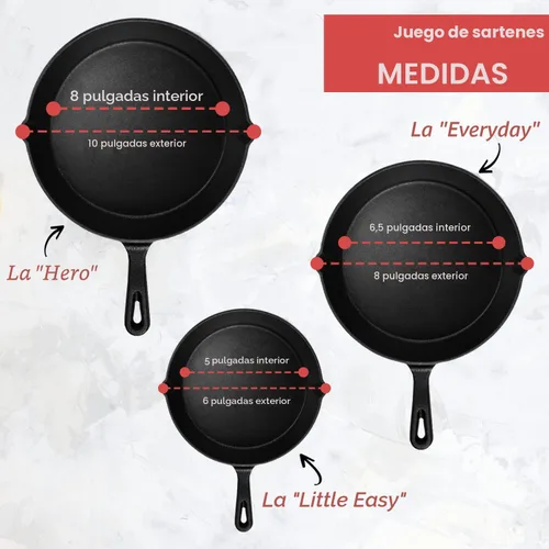 Vista 3 de Set de 3 piezas de sartén de hierro fundido; sartenes de 10, 8 y 6 pulgadas. El mejor set de sartenes para cocina profesional de calidad de chef