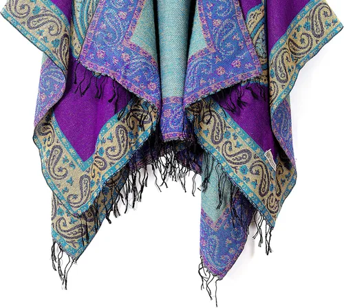 Vista 5 de Poncho con flecos, con estampado vintage, estilo retro, a la moda, para mujer. Capa, chal.