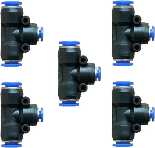 Vista 18 de 5 piezas de conector reductor de tubo en T neumático de 5 mm x 5 mm x 5 mm de 3 vías, conector de acoplamiento rápido de empuje en T