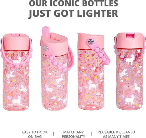 Vista 28 de Elemental Botellas de agua para niños – Botella de agua para niños Splash para la escuela con mango Pop-it – Botella de agua de plástico Tritan sin