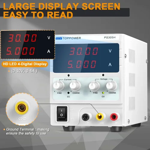 Vista 7 de Fuente de alimentación CC, fuente de alimentación de banco de laboratorio regulada ajustable de 30 V 5 A con pantalla de 4 dígitos, para pruebas