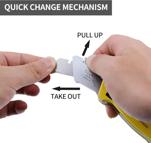 Vista 4 de Cuchillo utilitario plegable, cortador de caja retráctil, plegable, resistente, cambio rápido con 5 cuchillas adicionales