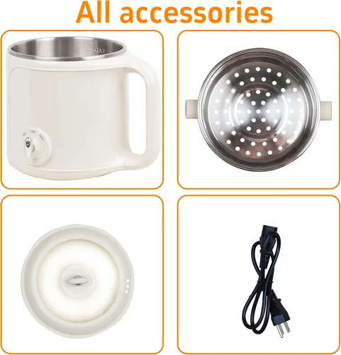 Vista 6 de Olla Eléctrica Caliente con Vaporera: Cocedor de Ramen de 2.0L, Olla Eléctrica Multifuncional de Acero Inoxidable, Portátil, Ajuste de Potencia Dual