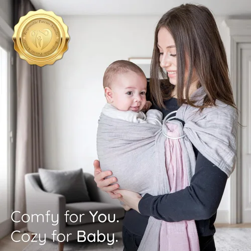 Vista 2 de Portabebés Ring Sling - Probado en laboratorio de EE.UU., 100% muselina de algodón natural, transpirable y ergonómico Ring Sling gris rosado