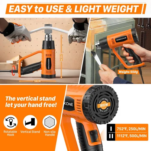 Vista 3 de SEEKONE Pistola de calor de 1800 W, kit de pistola de aire caliente de calor rápido resistente con ajustes de doble temperatura de 752 ℉ y 1112 ℉