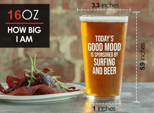 Vista 4 de Hobby Pint Glass 16oz - Surf y cerveza - Windsurf Beach Wave Verano Buceo Barco Amante del Mar Remo